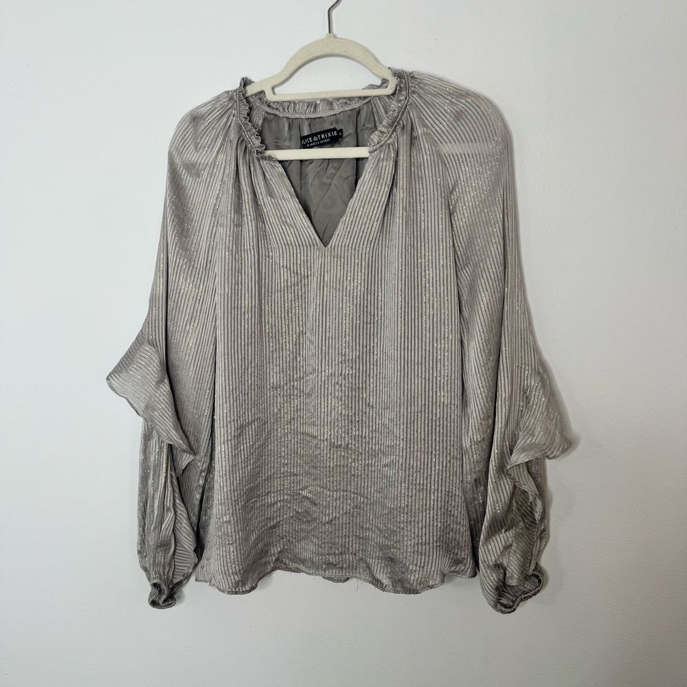 Alice + Trixie pleated V-neck blouse in a metallic silver stripe finish